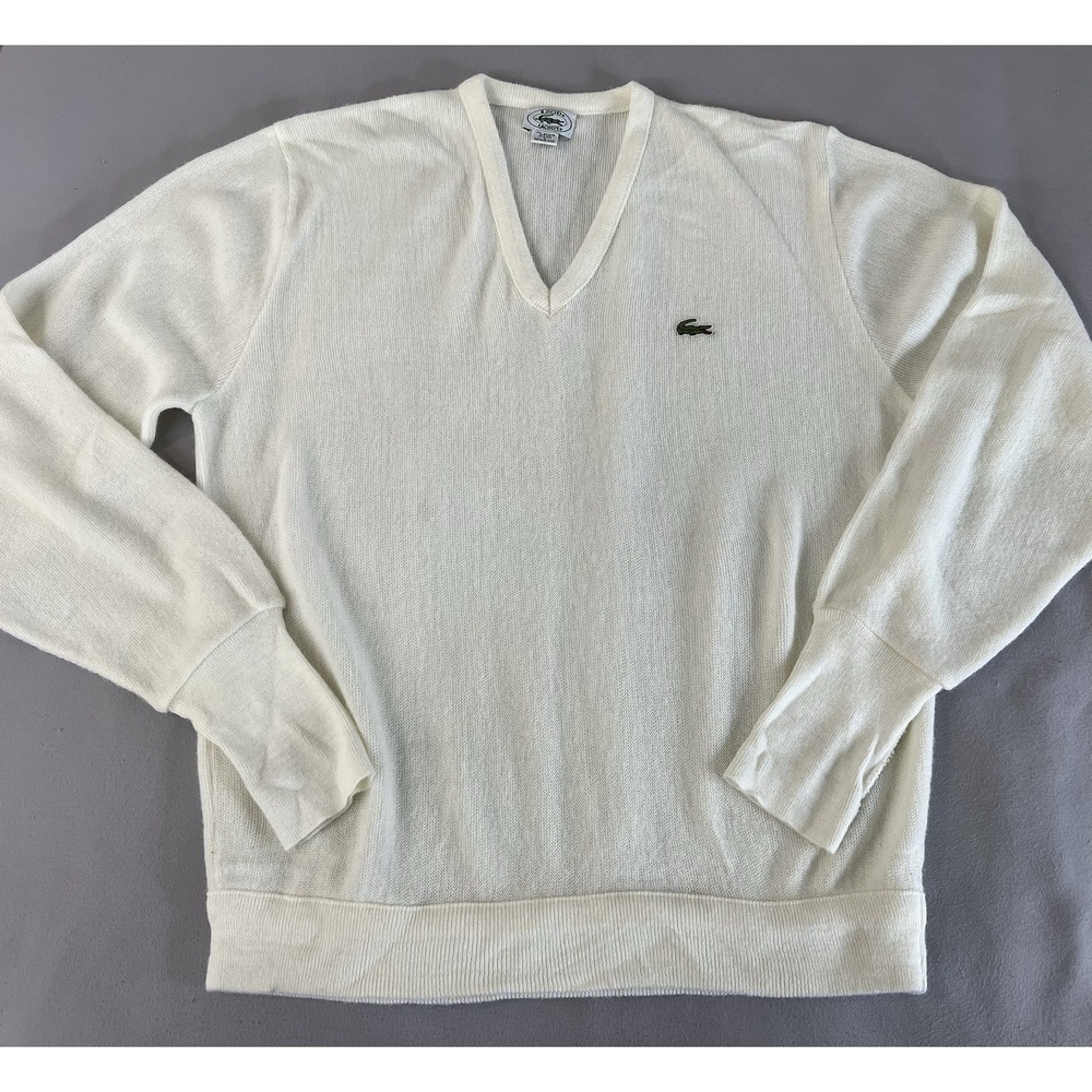 Vintage IZOD Lacoste Sweater Mens Large White Grandpa V Neck Orlon Made USA‎ 80s